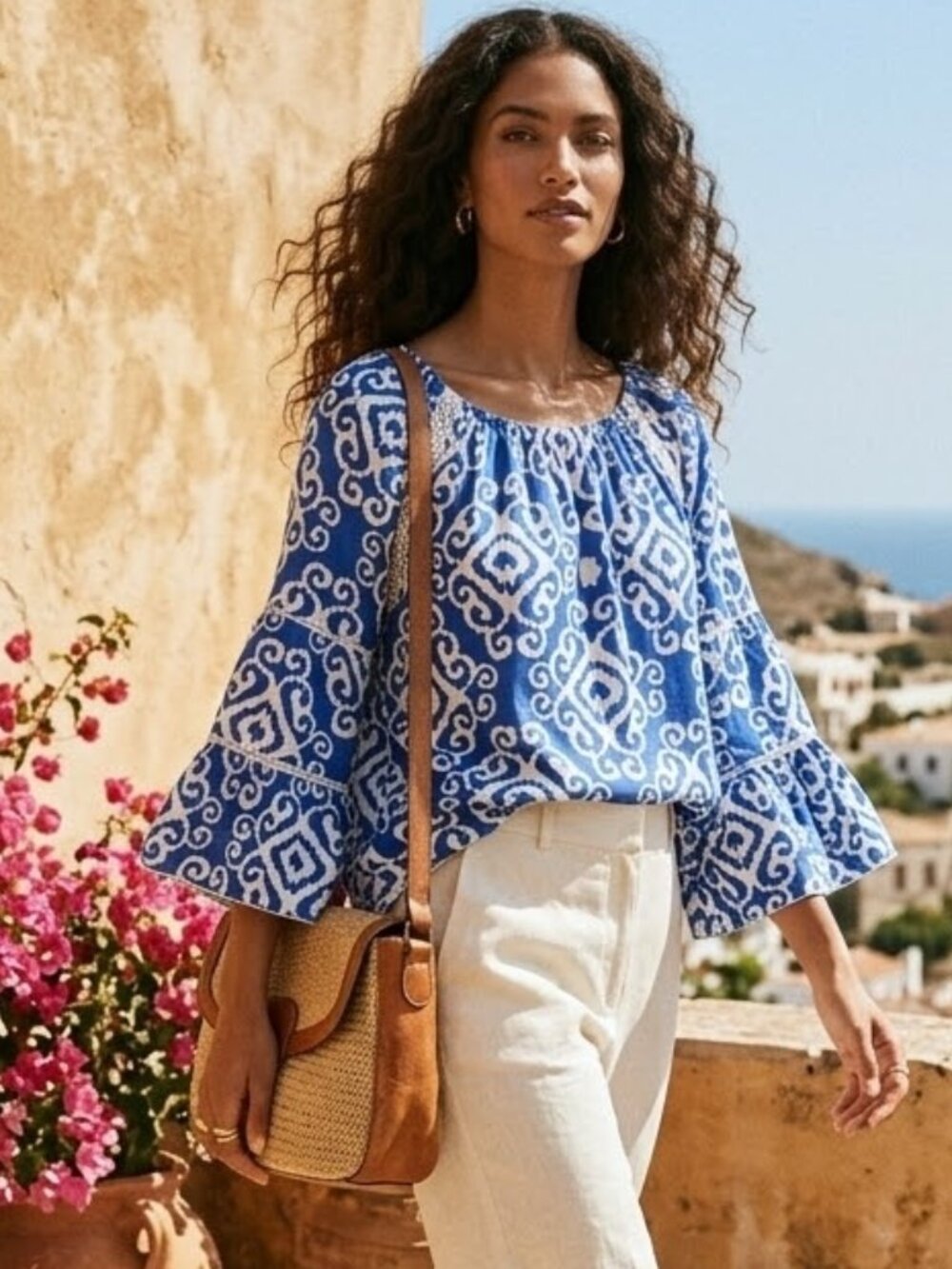 Calessa Scoop Neck 3/4 Flare Sleeve Boho-Chic Ikat Cotton Pullover Blouse Medium